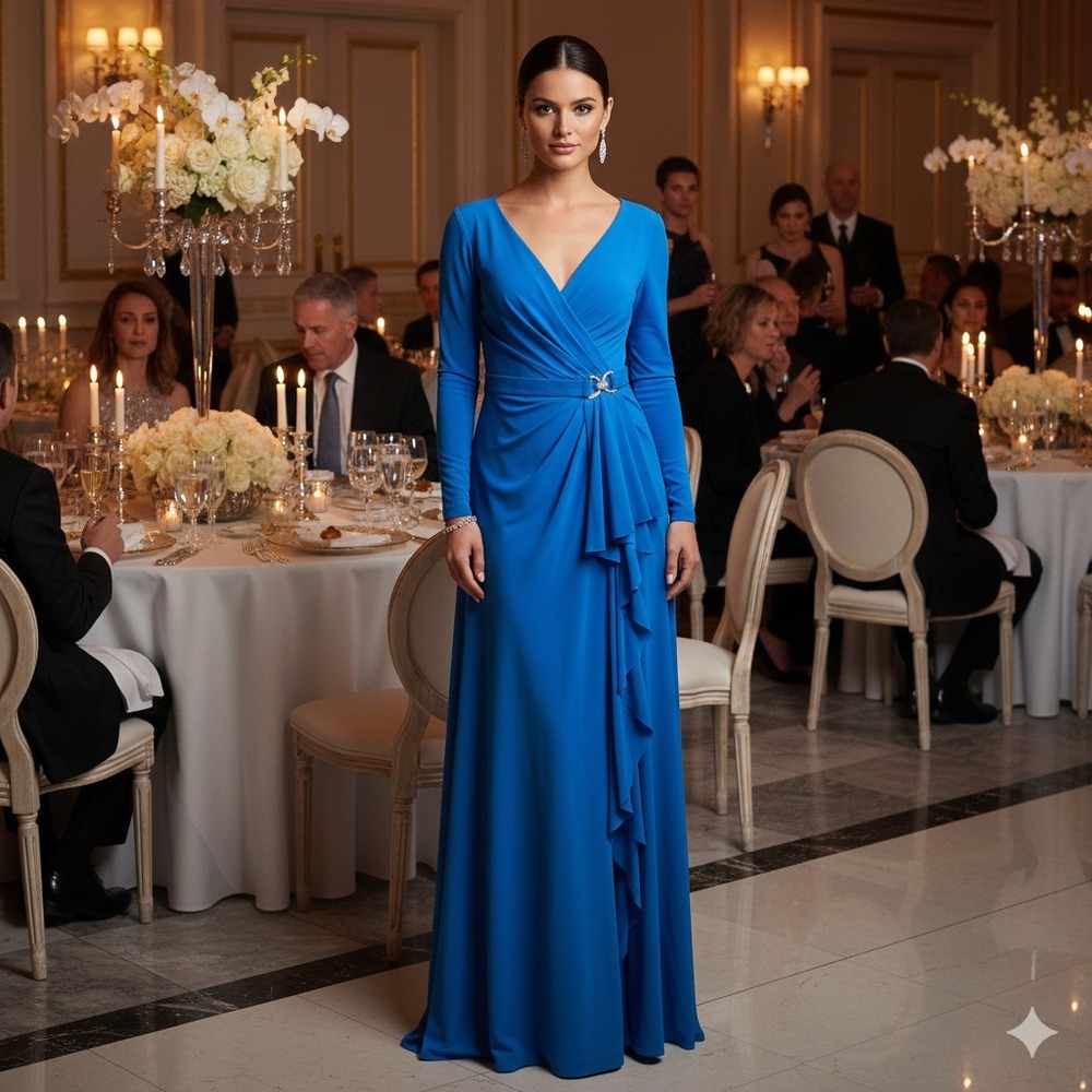LRL Ralph Lauren Ruffle‎ Trim Jersey Gown Womens 6 Royal Blue Formal Maxi Dress
